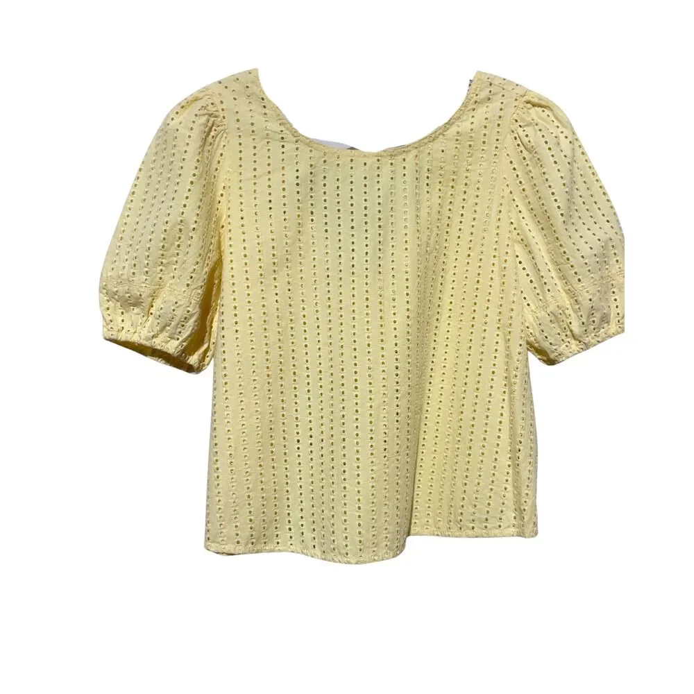 LOFT Butter Yellow Eyelet Cutout Back Bubble Sleeve Top Blouse Small